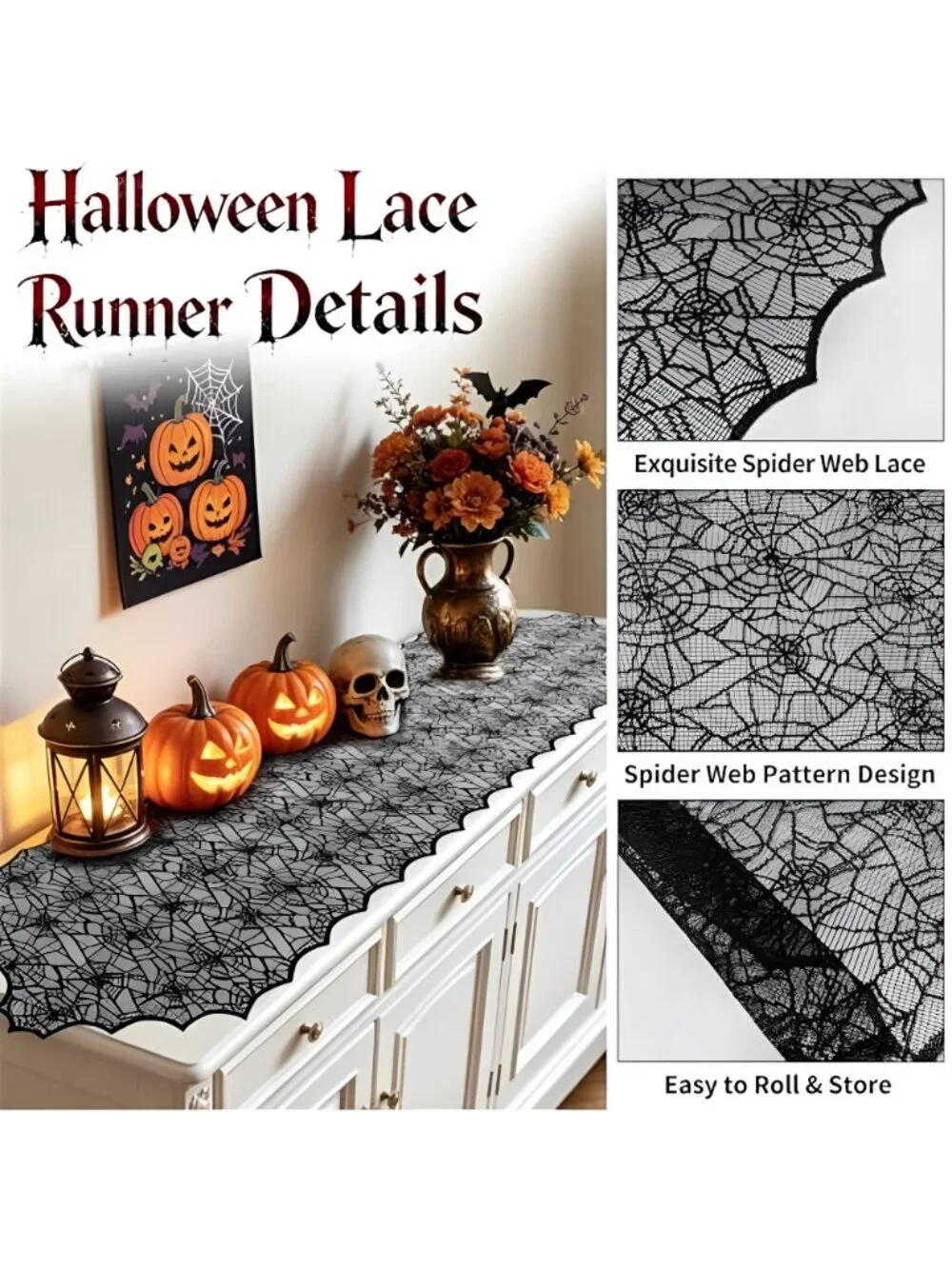 18 x 72 Inch Halloween Table Runner - 2 Pcs Black Lace Runner with Spider Web